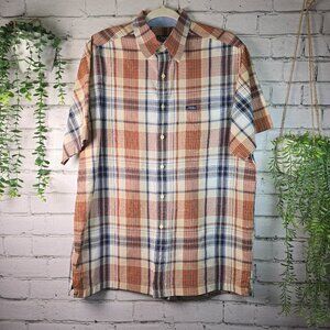 CHAPS BY RALPH LAUREN SHORT SLEEVE BUTTON DOWN ORANGE AND BLUE PLAID LARGE